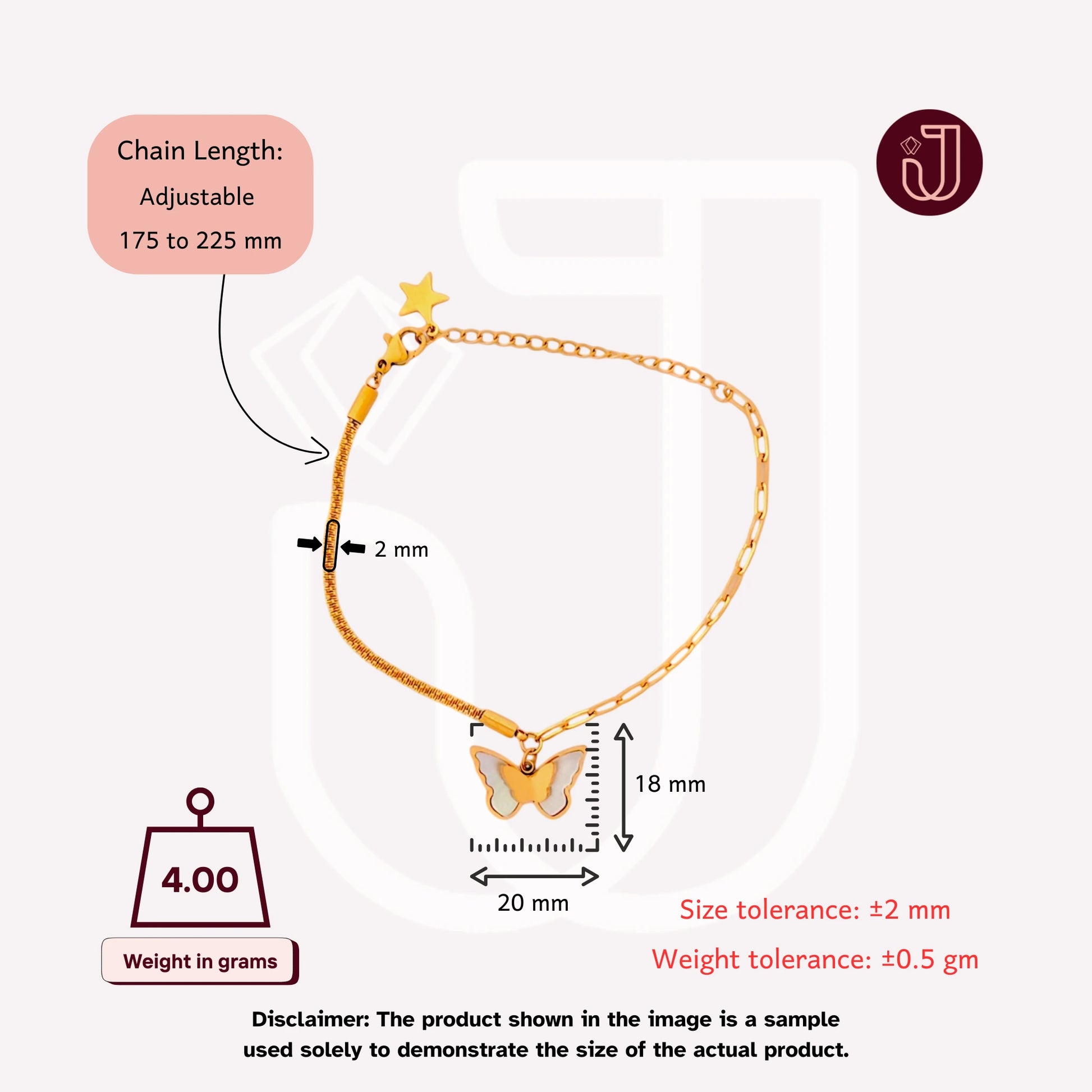 Bracelet with dimensions and weight details.