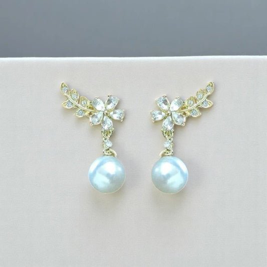 Crystal Floral Pearl Drop Earrings