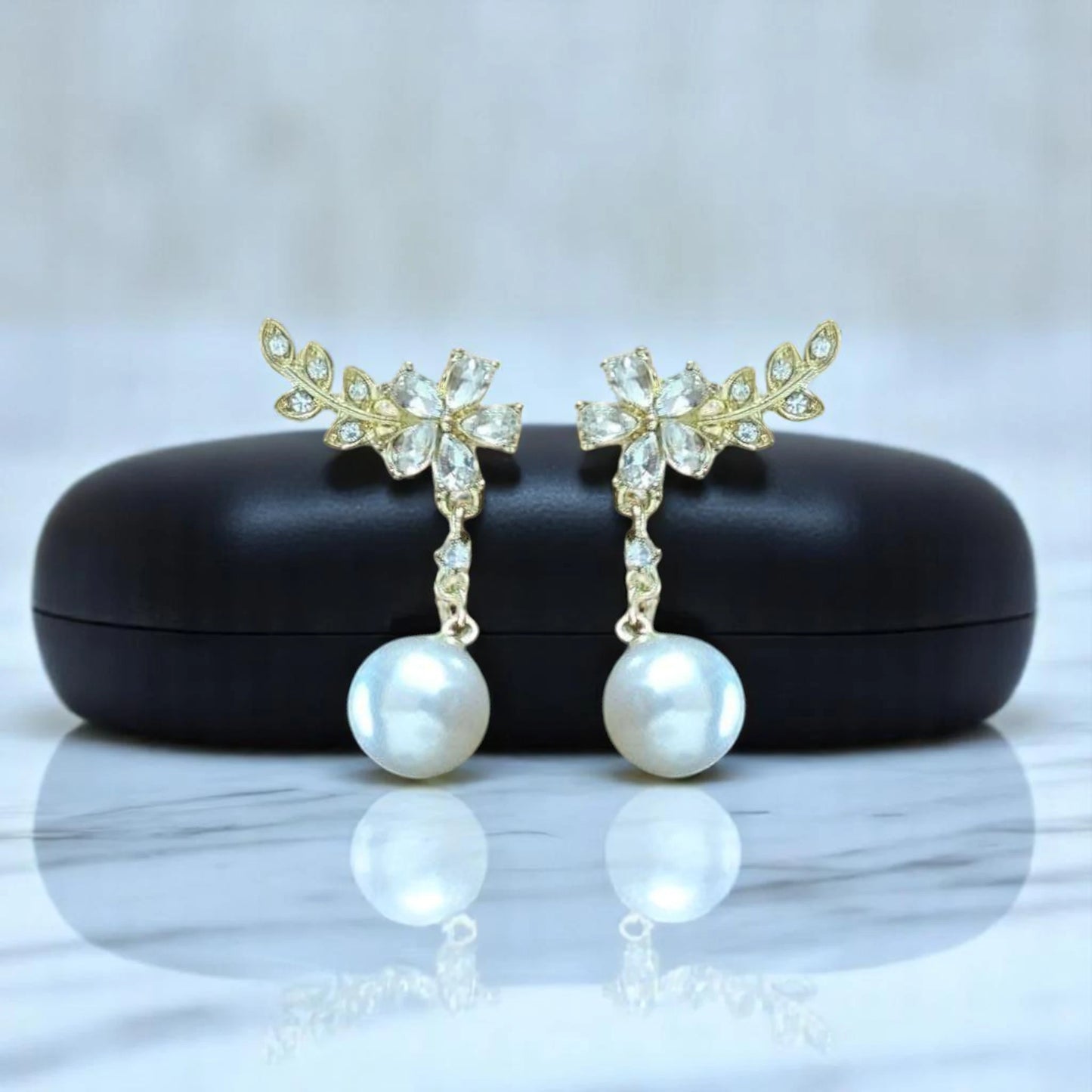 Crystal Floral Pearl Drop Earrings
