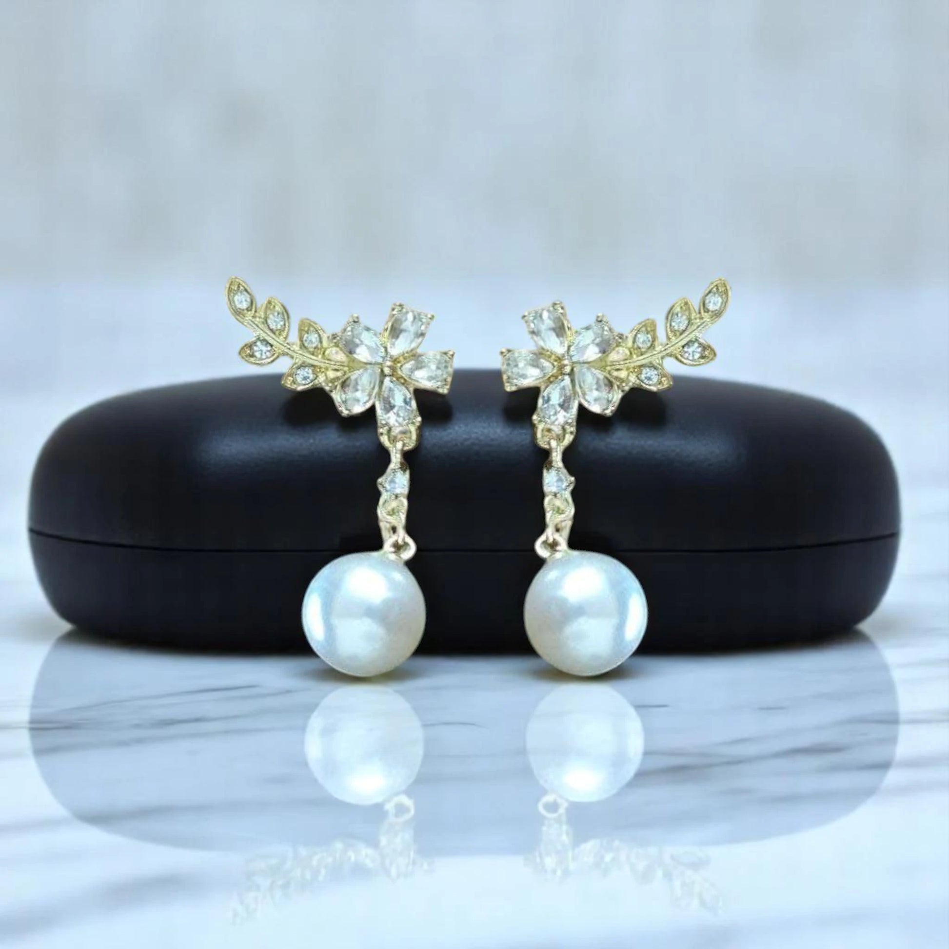 Crystal Floral Pearl Drop Earrings