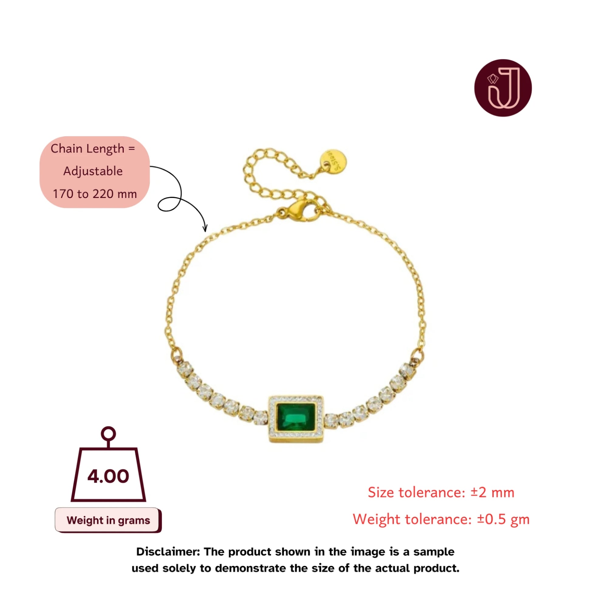 Bracelet with dimensions and weight details.