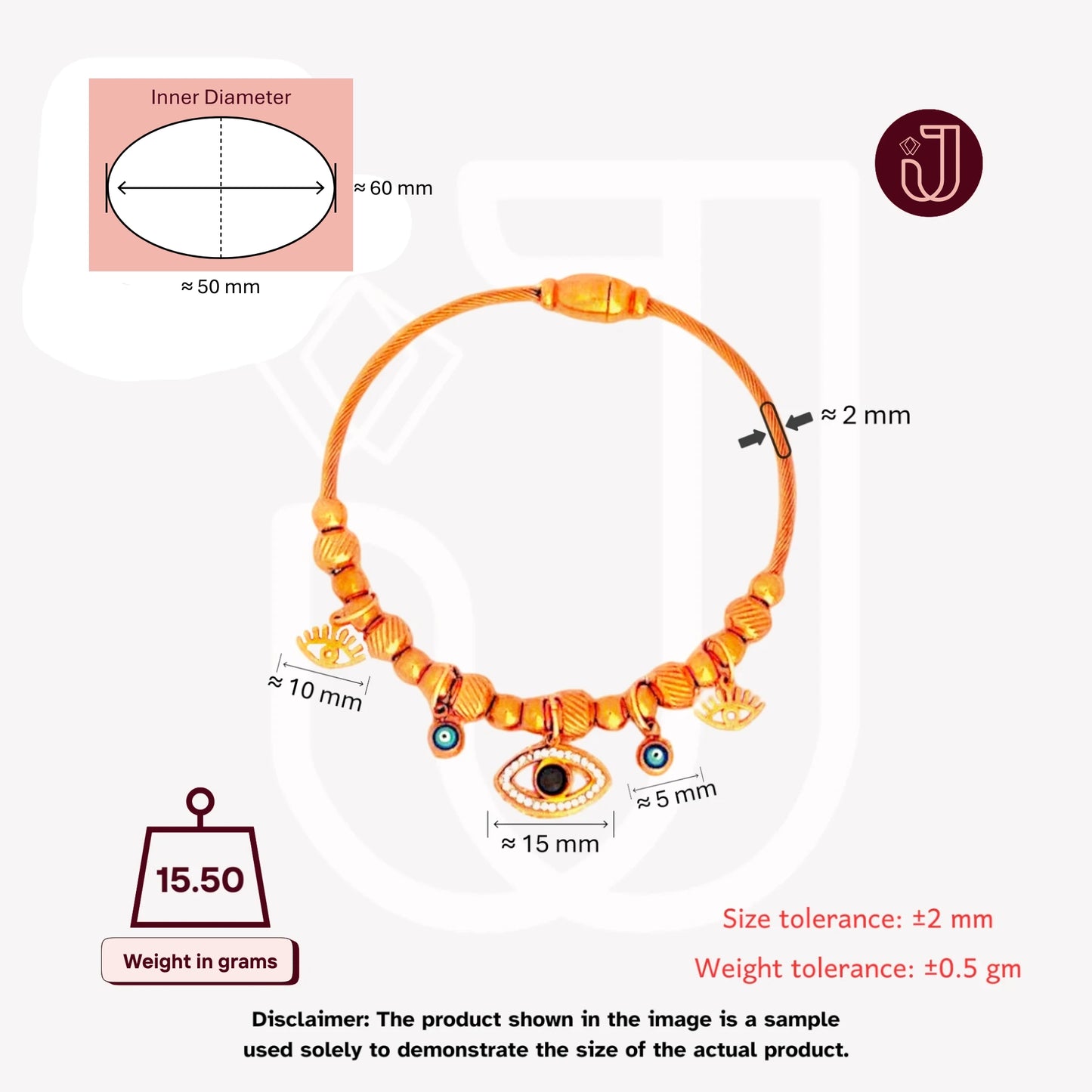 Bracelet with dimensions and weight details.