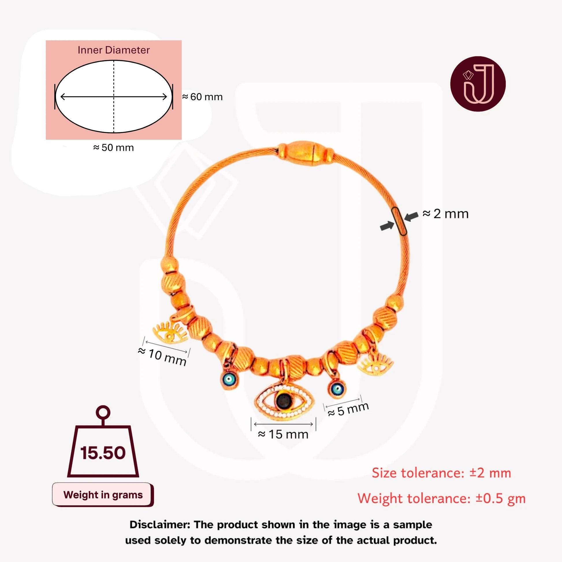 Bracelet with dimensions and weight details.