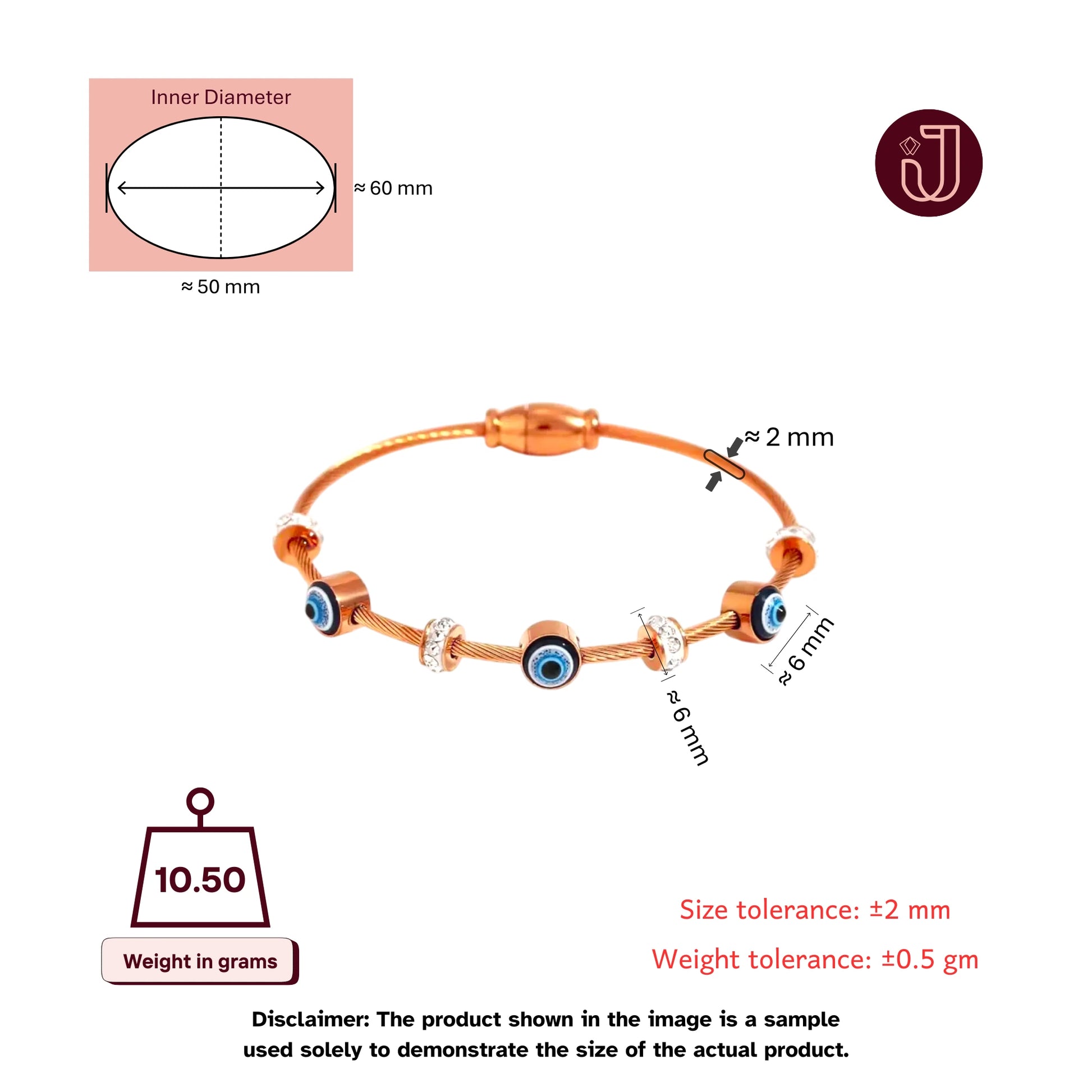 Bracelet with dimensions and weight details.