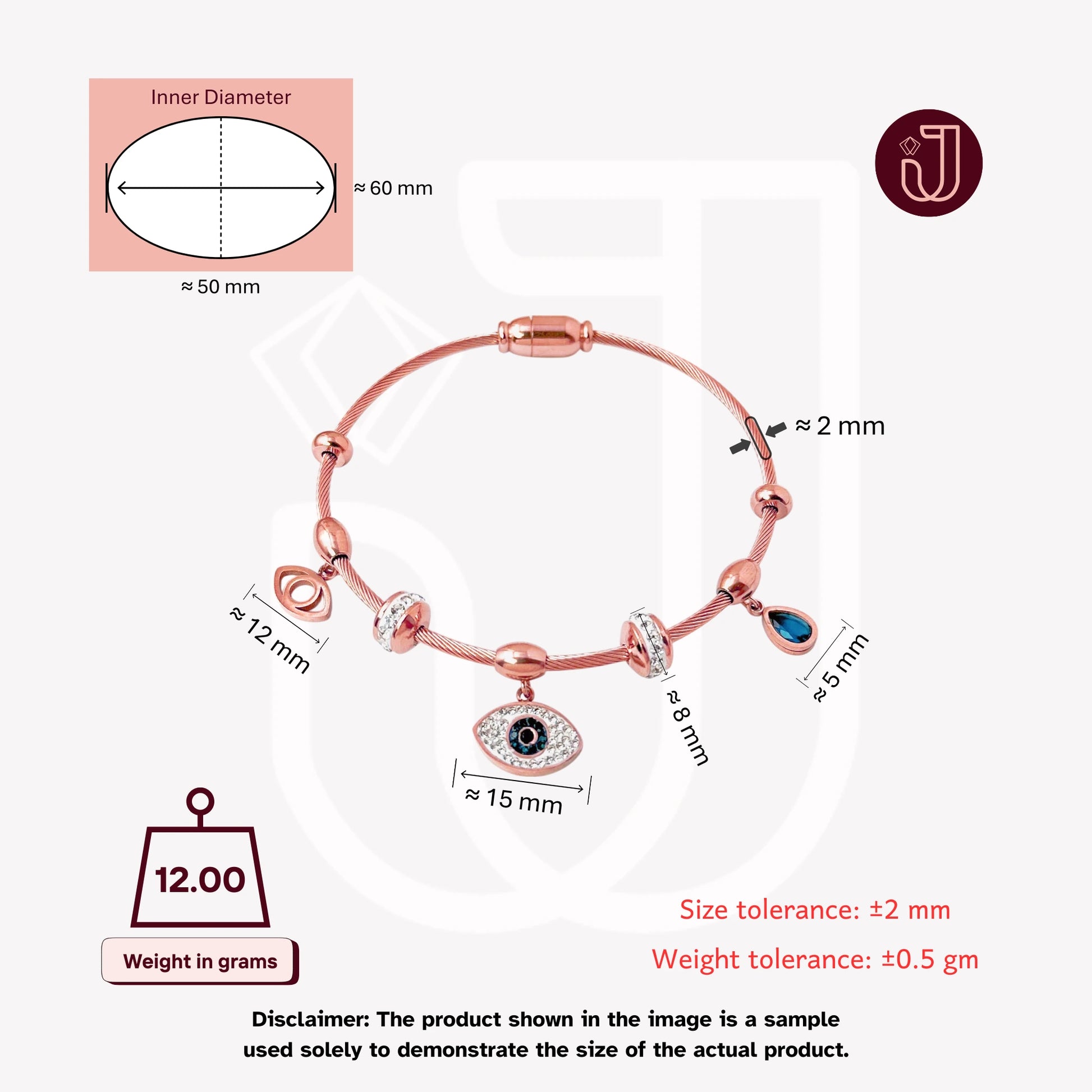 Bracelet with dimensions and weight details.