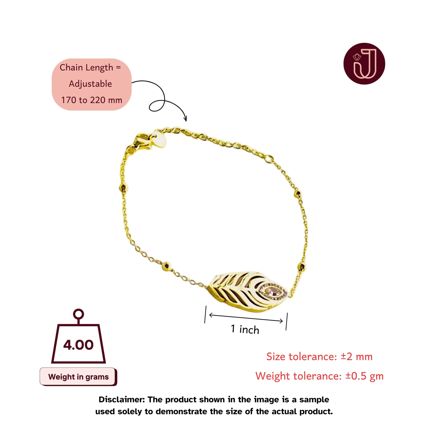 Bracelet with dimensions and weight details.