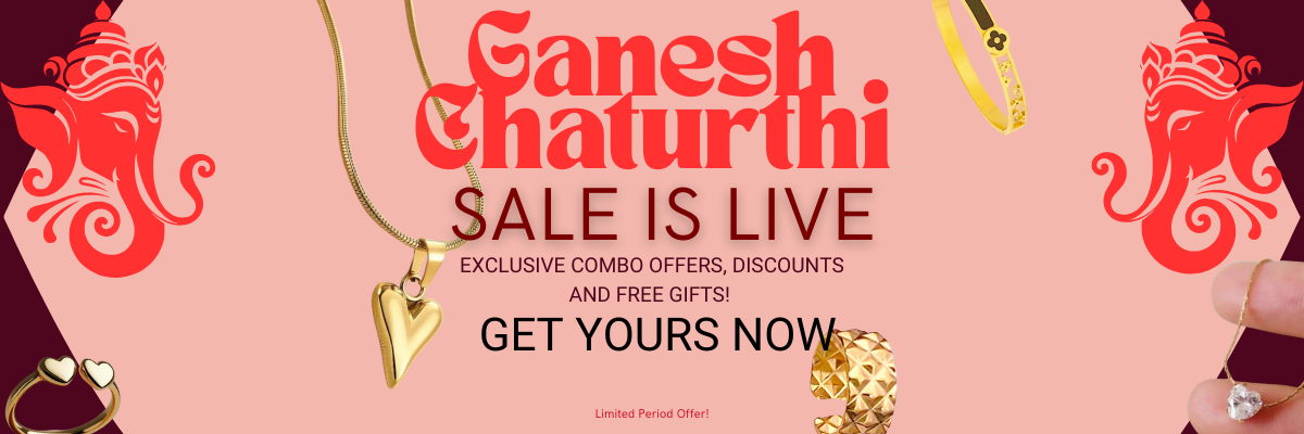 Promotional banner for Ganesh Chaturthi sale with text and decorative elements on a pink background.