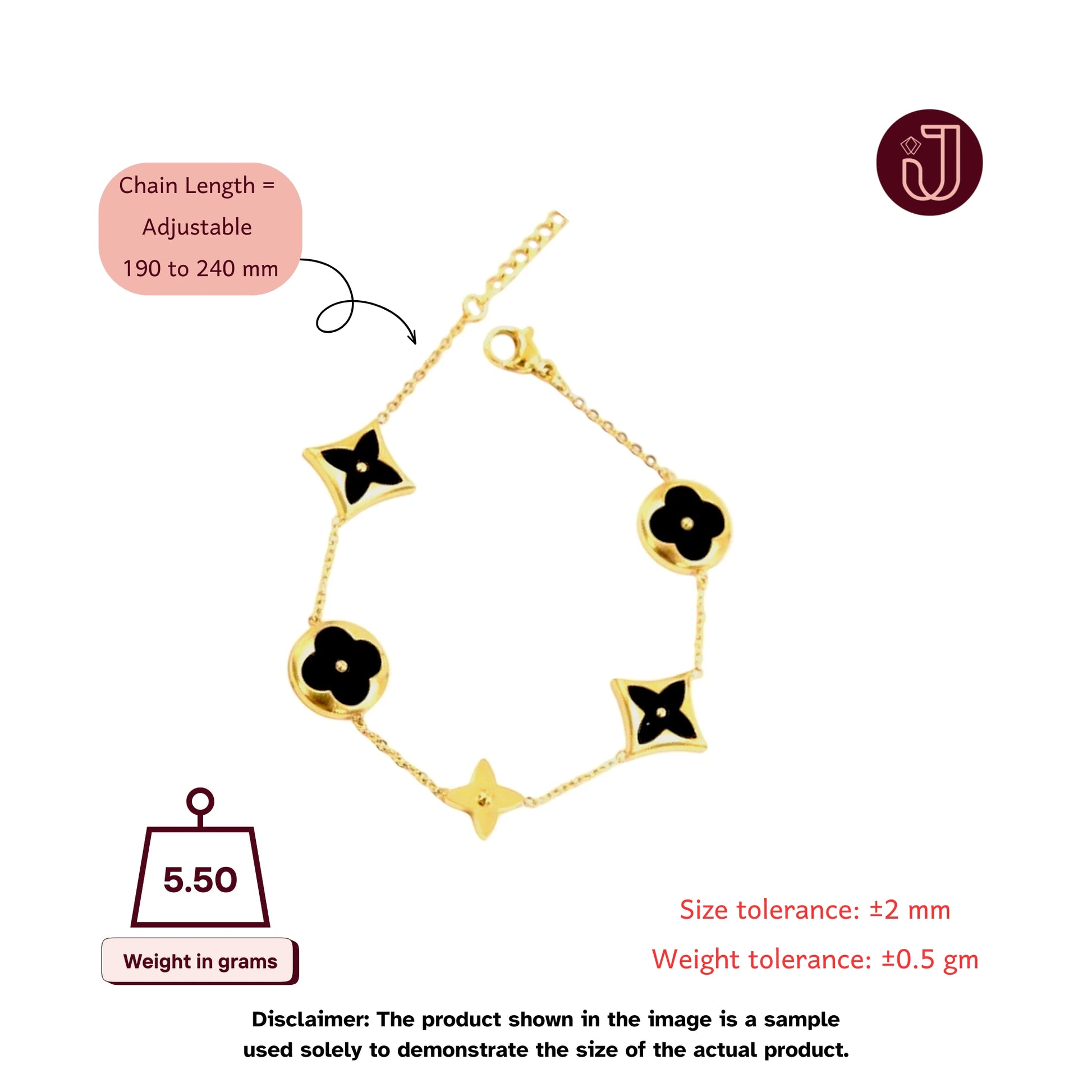 Bracelet with dimensions and weight details.