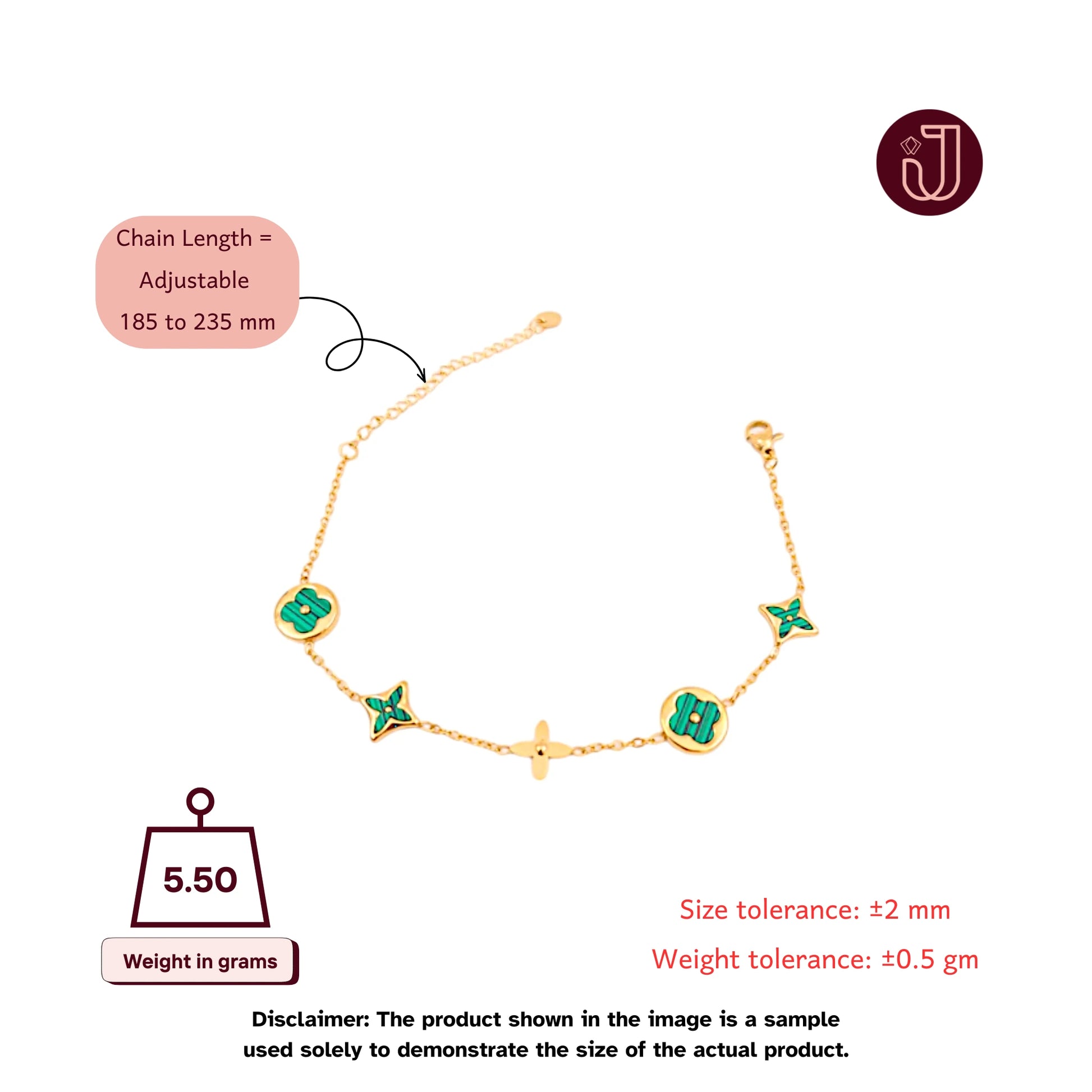 Bracelet with dimensions and weight details.