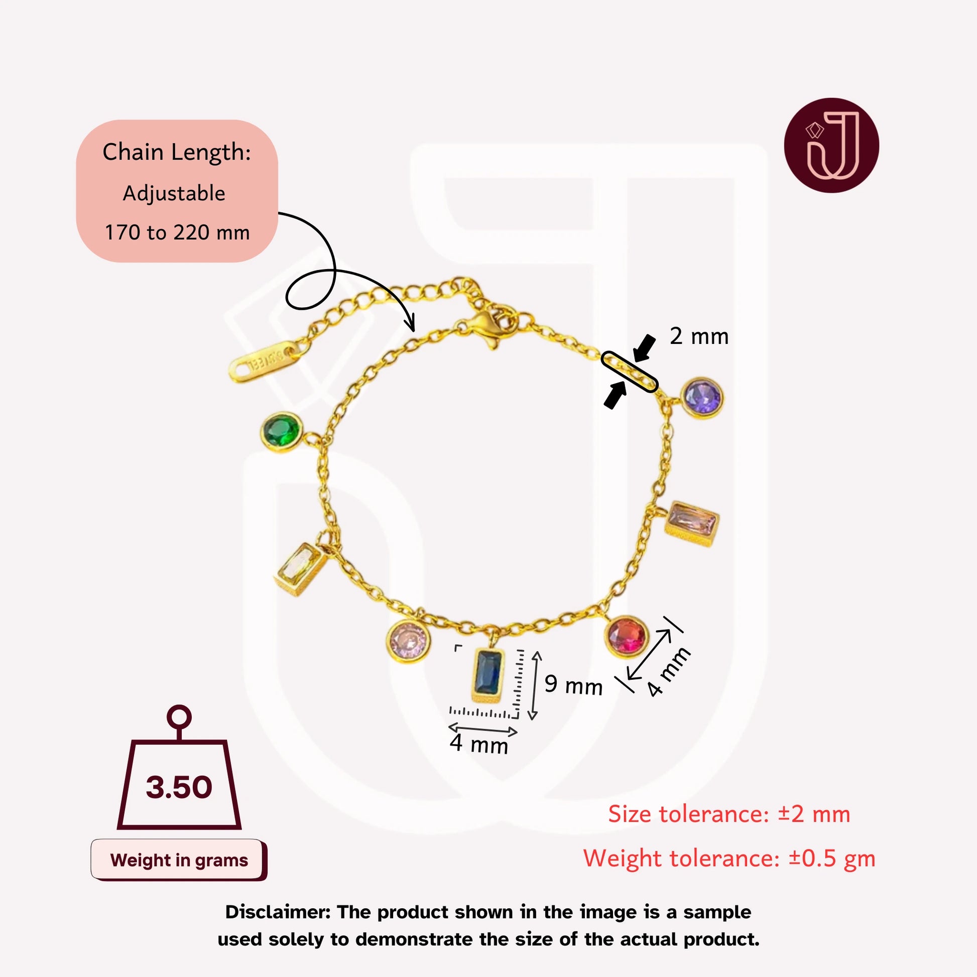 Bracelet with dimensions and weight details.