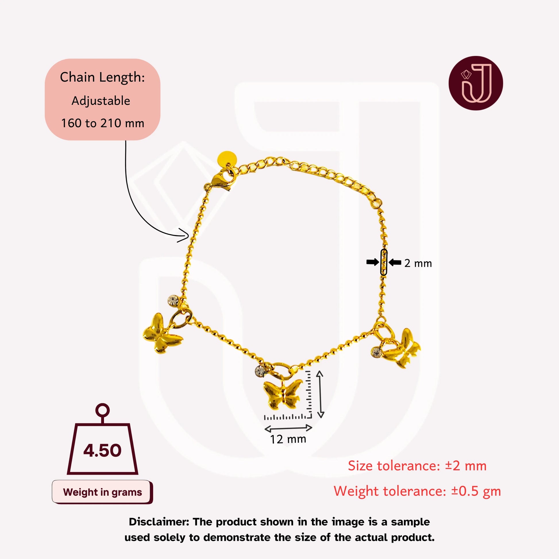 Bracelet with dimensions and weight details.