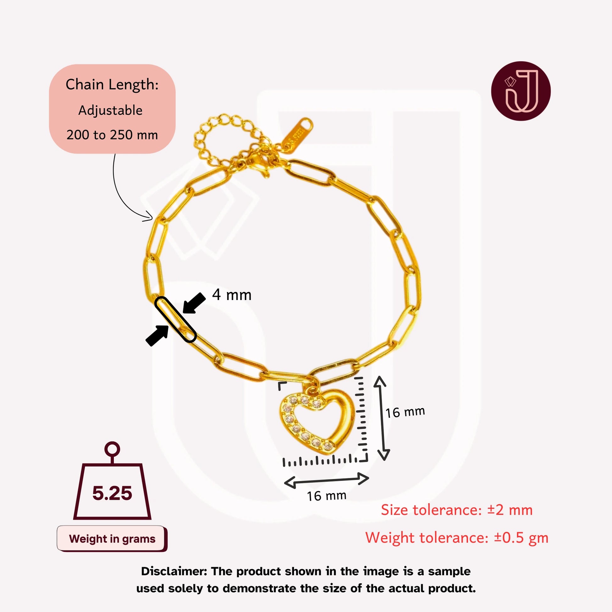 Bracelet with dimensions and weight details.