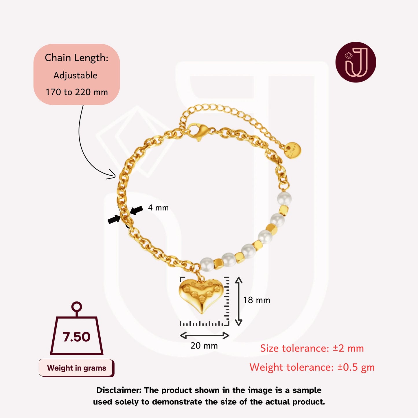 Bracelet with dimensions and weight details.