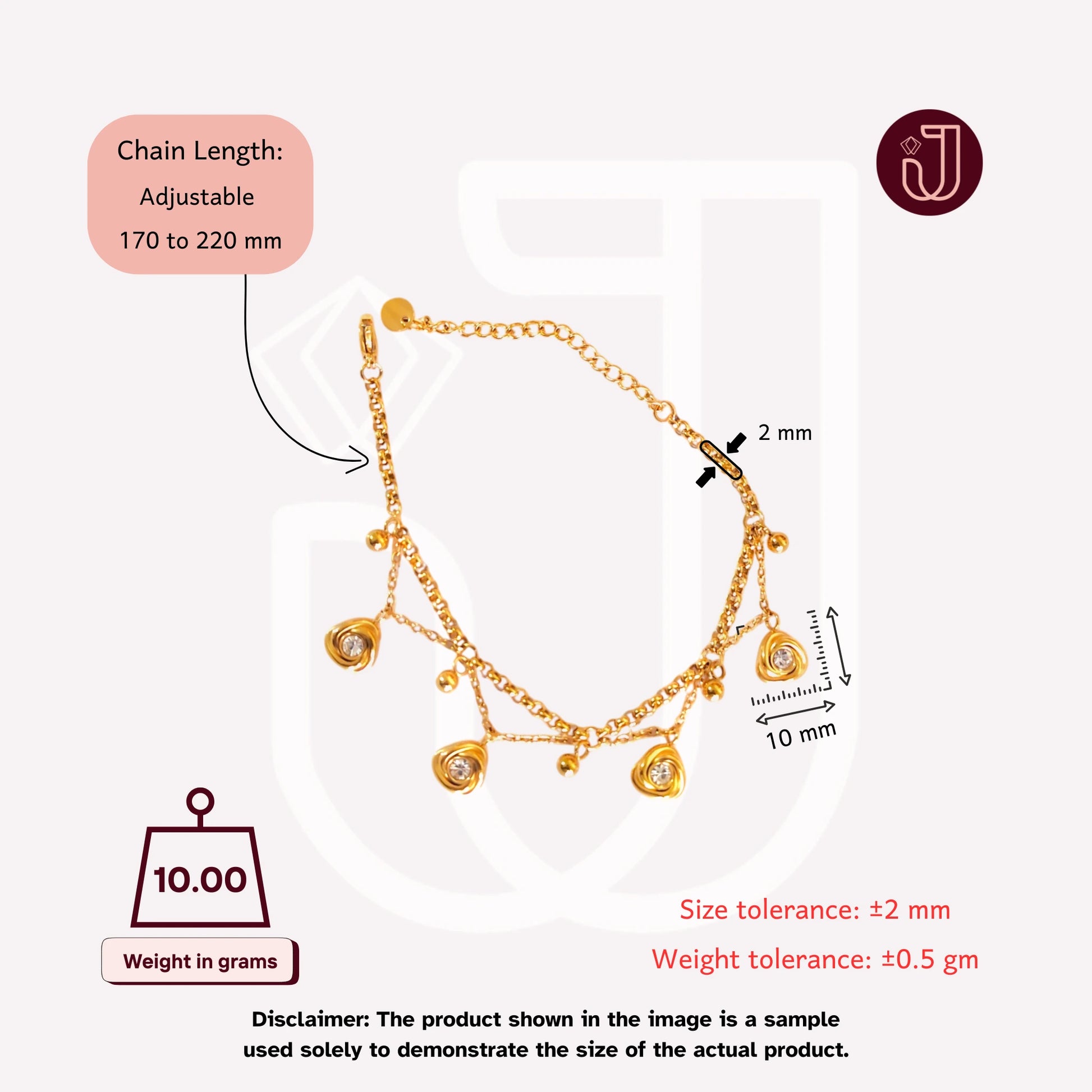 Bracelet with dimensions and weight details.