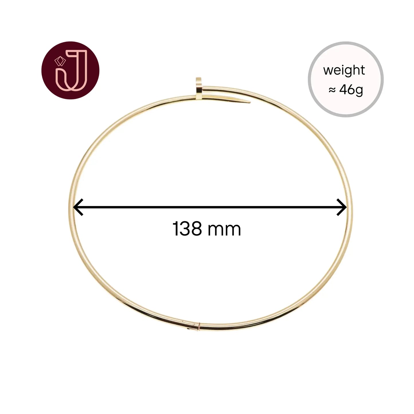 Gold Nail Choker Necklace with dimensions and weight details, featuring a sleek gold-tone design.