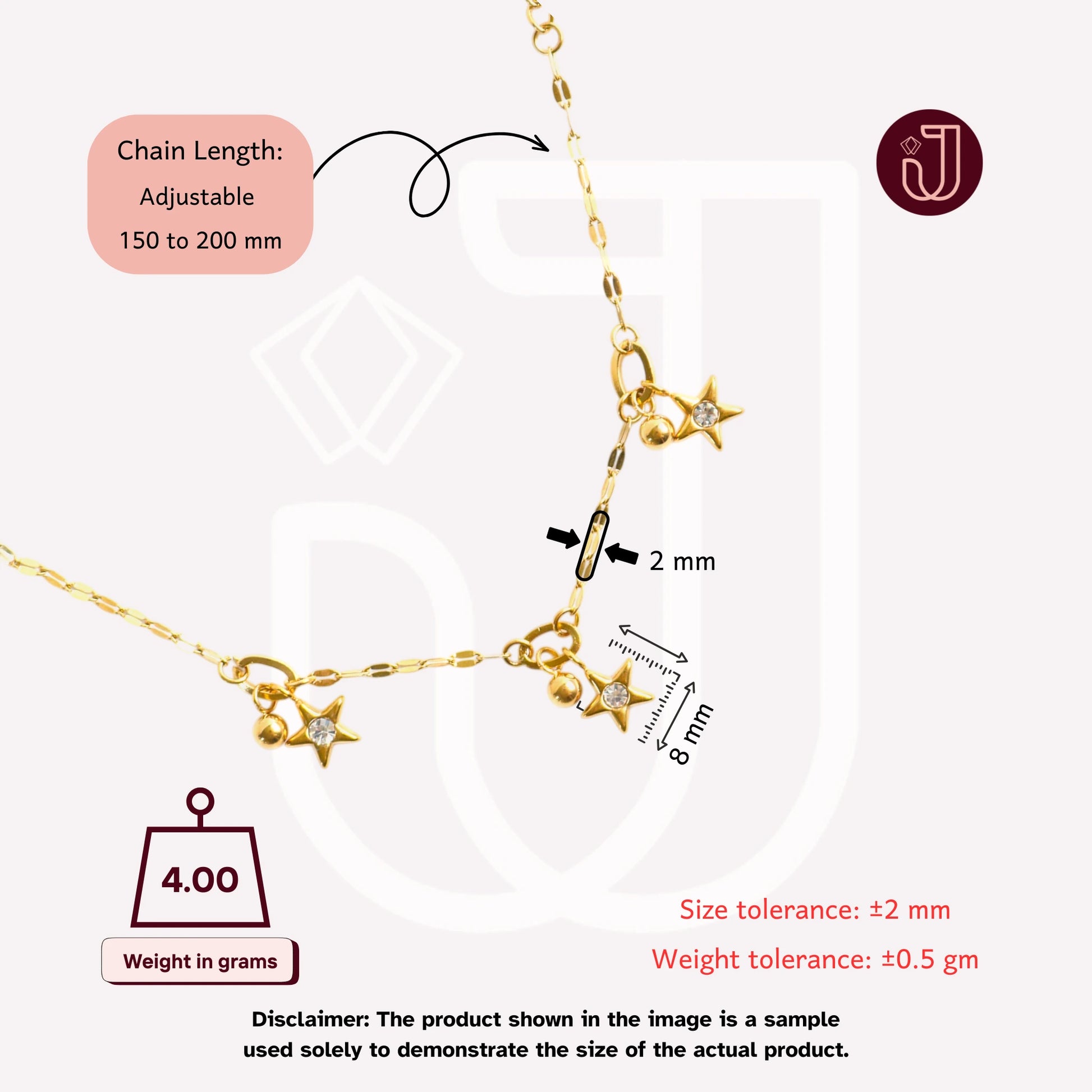 Bracelet with dimensions and weight details.