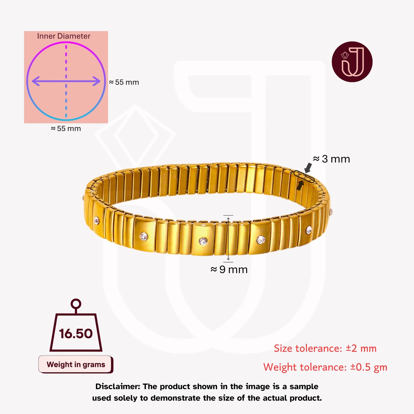 Bracelet with dimensions and weight details.