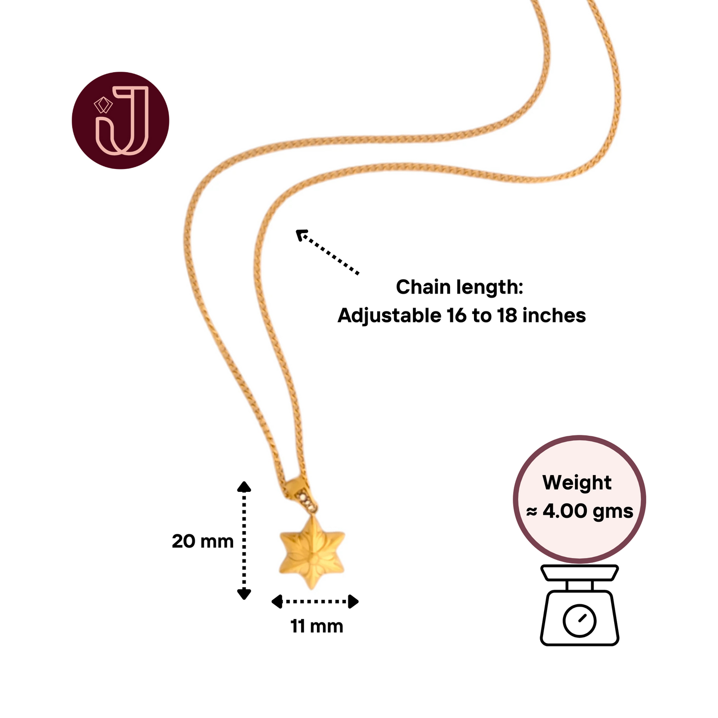 Necklace with dimensions and weight details.