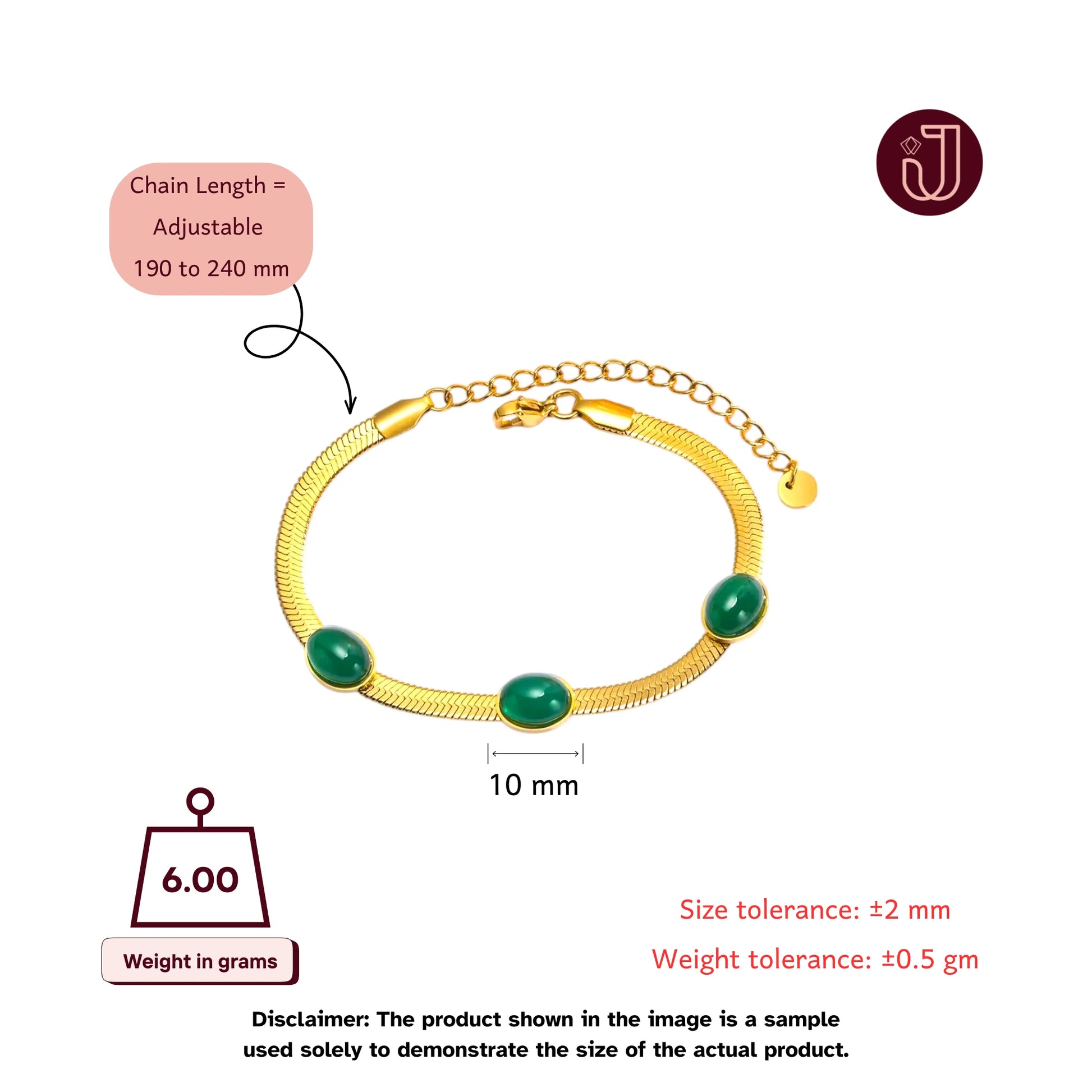 Bracelet with dimensions and weight details.