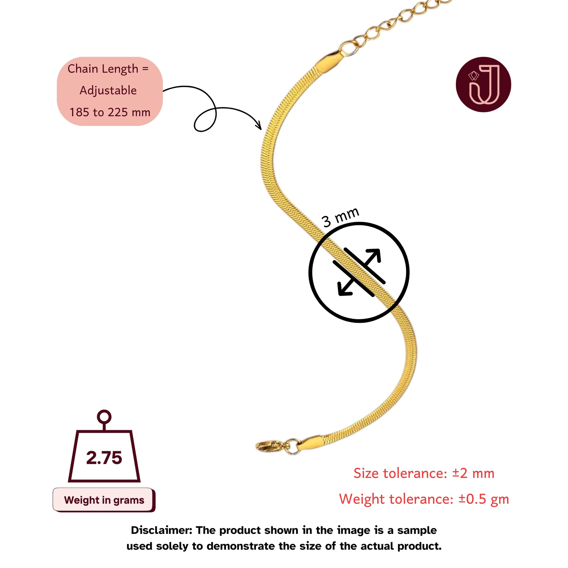 Bracelet with dimensions and weight details.