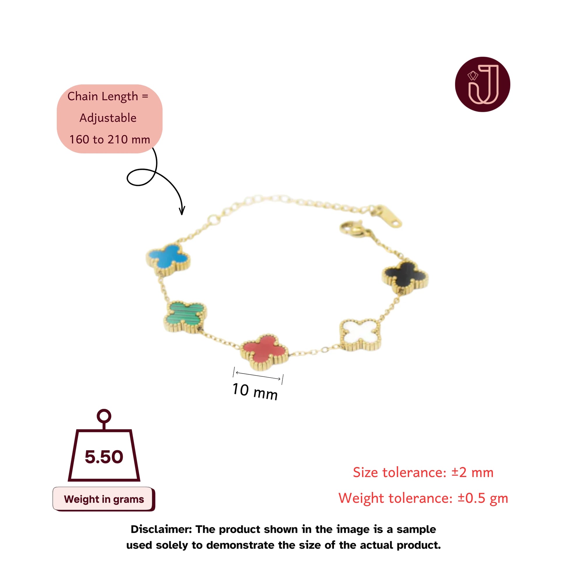 Bracelet with dimensions and weight details.