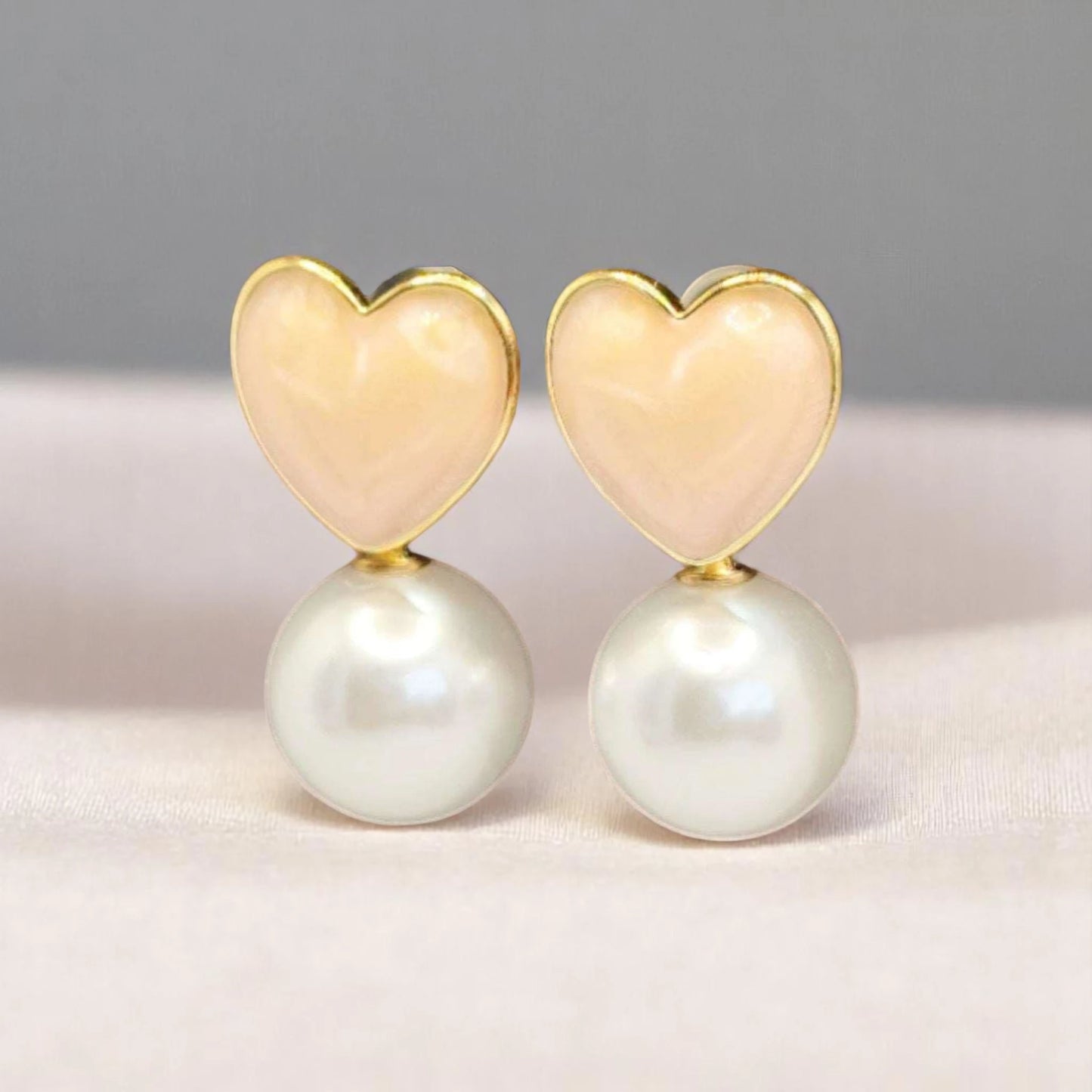 Peach Heart Pearl Drop Earrings