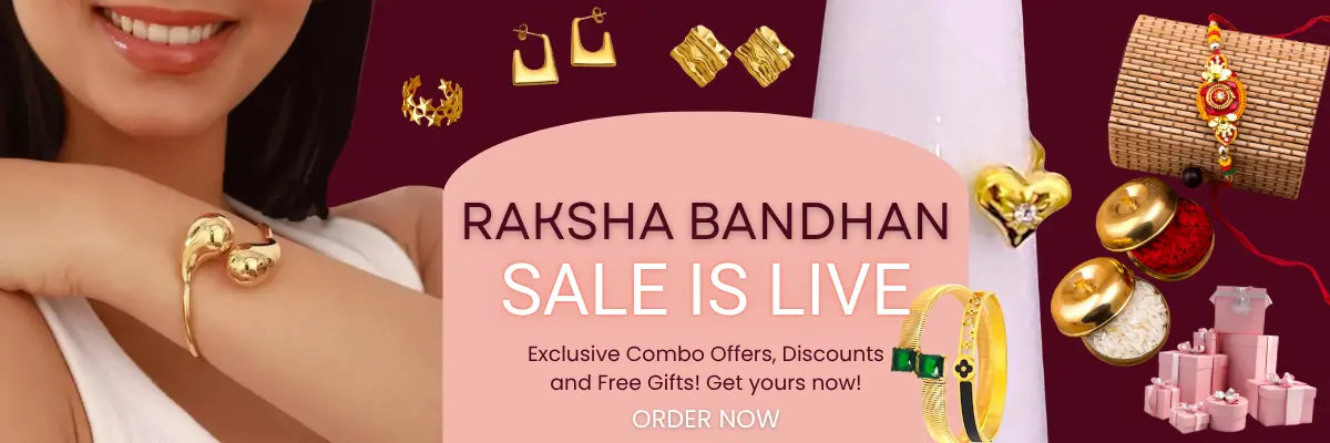 Promotional banner for Raksha Bandhan sale with jewelry and text on a dark background