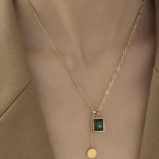 Rectangle Emerald Stone Necklace