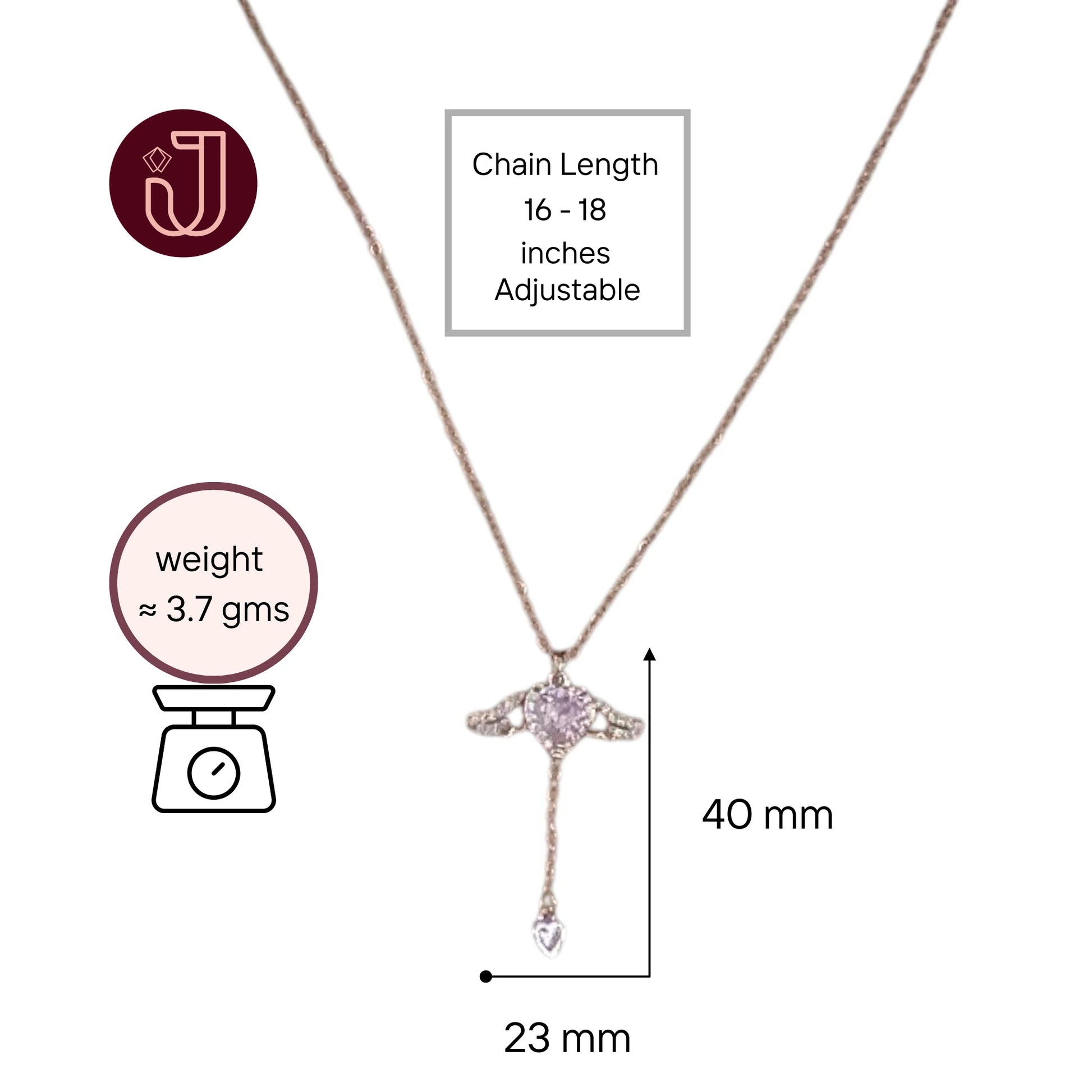 Necklace with dimensions and weight details.