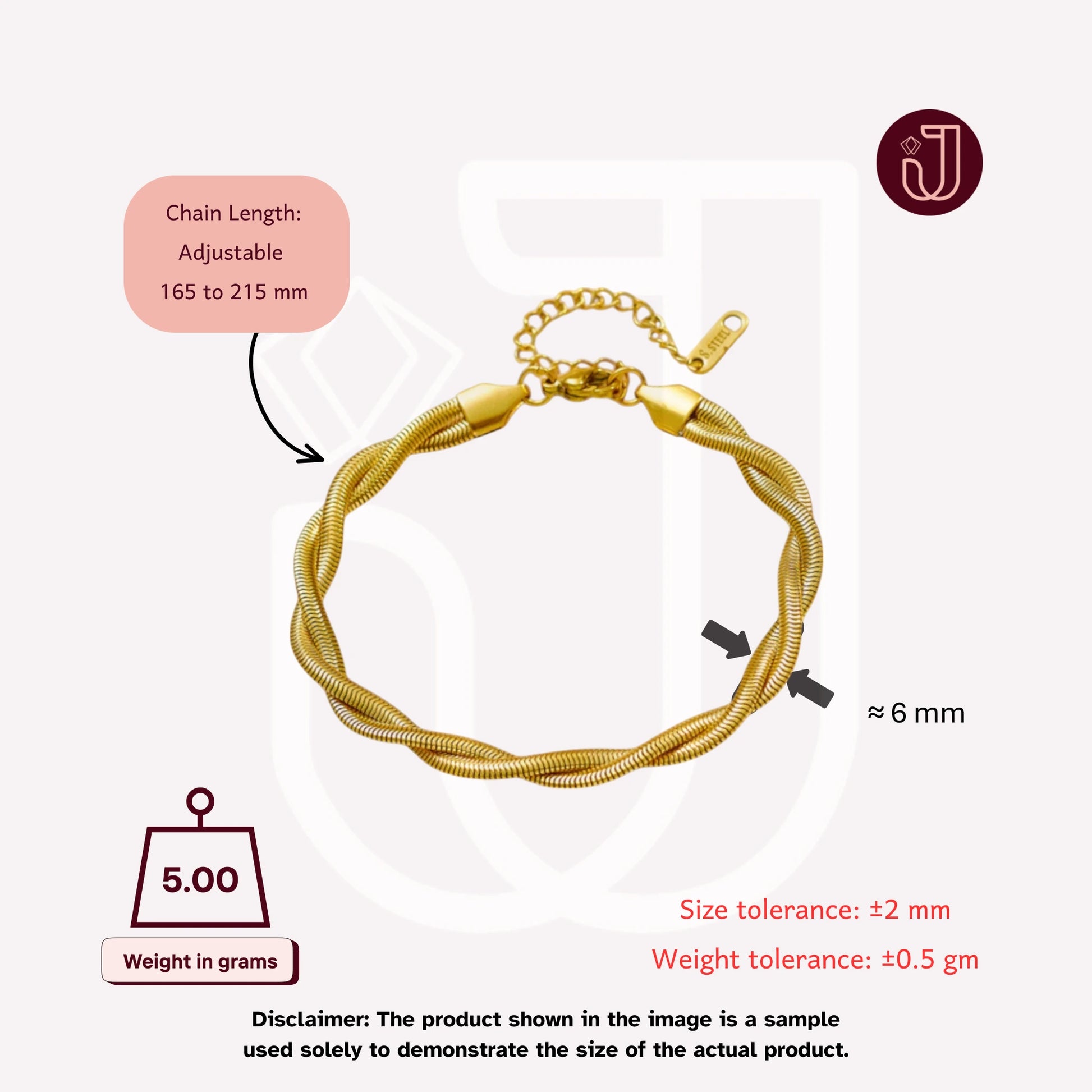 Bracelet with dimensions and weight details.