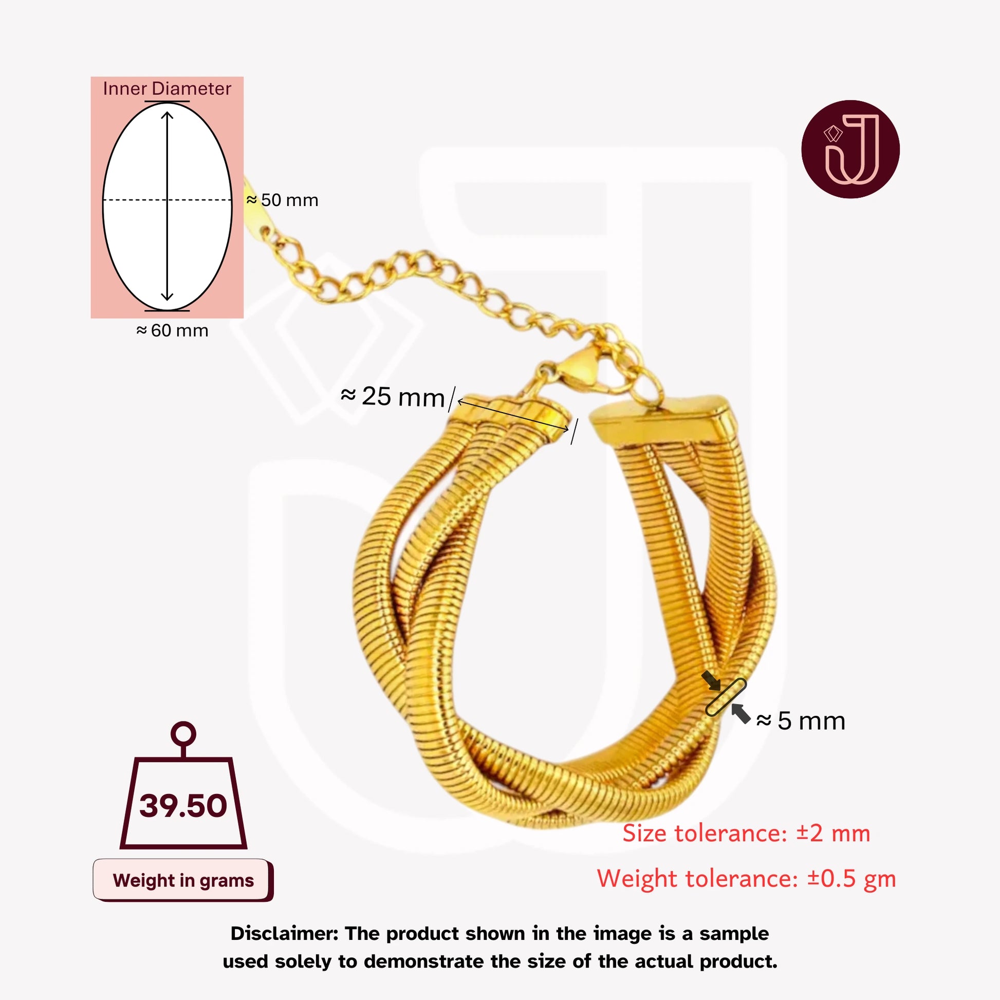 Bracelet with dimensions and weight details.