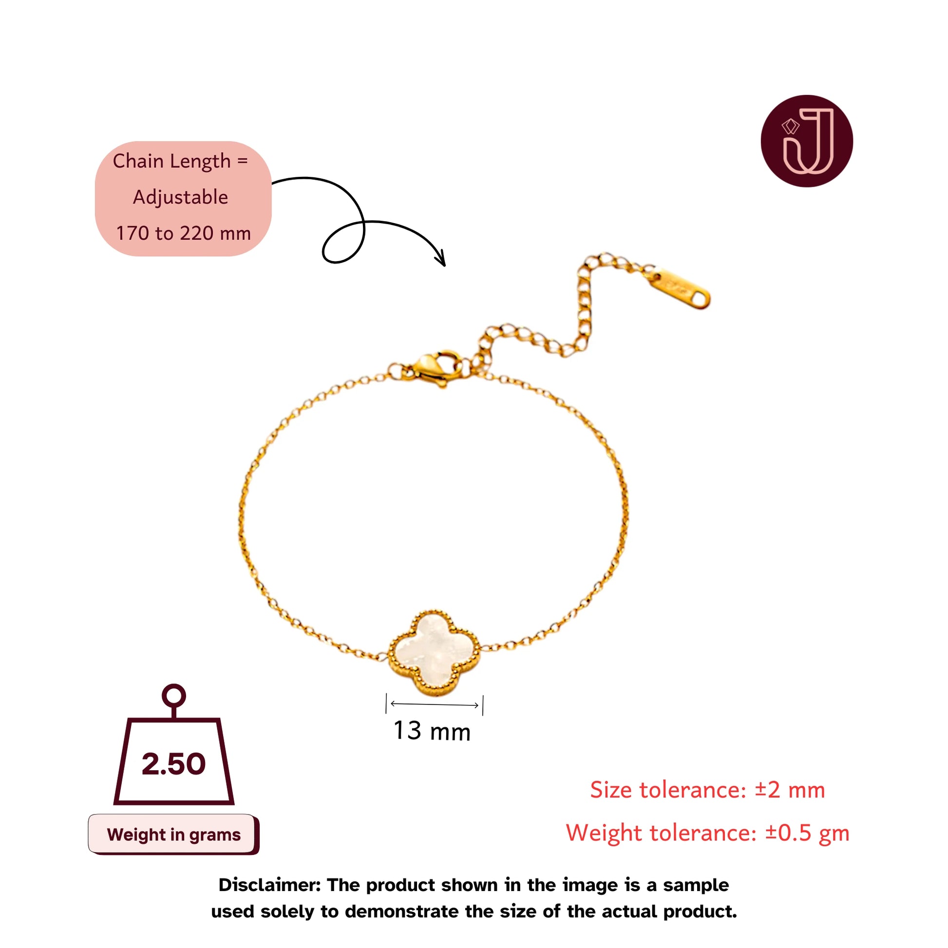 Bracelet with dimensions and weight details.