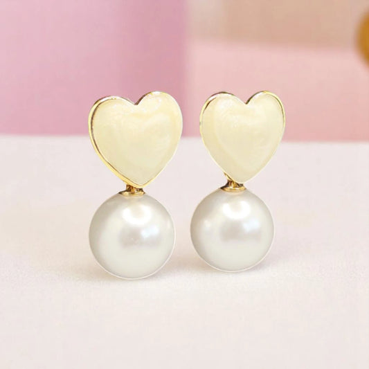White Heart Pearl Drop Earrings