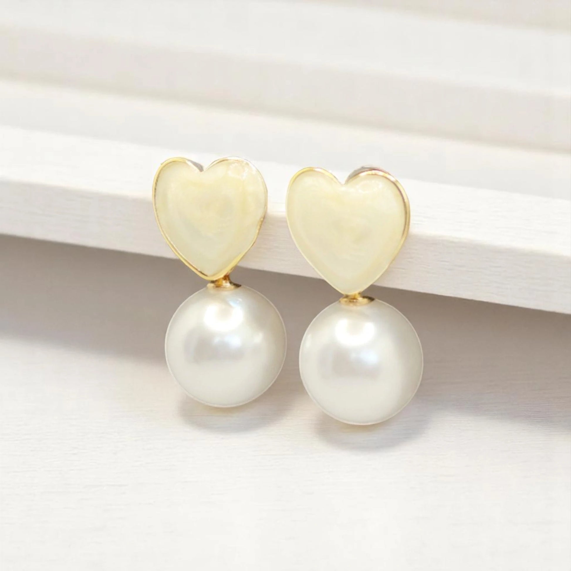 White Heart Pearl Drop Earrings