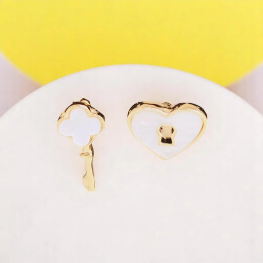 White Heart Lock and Key Studs
