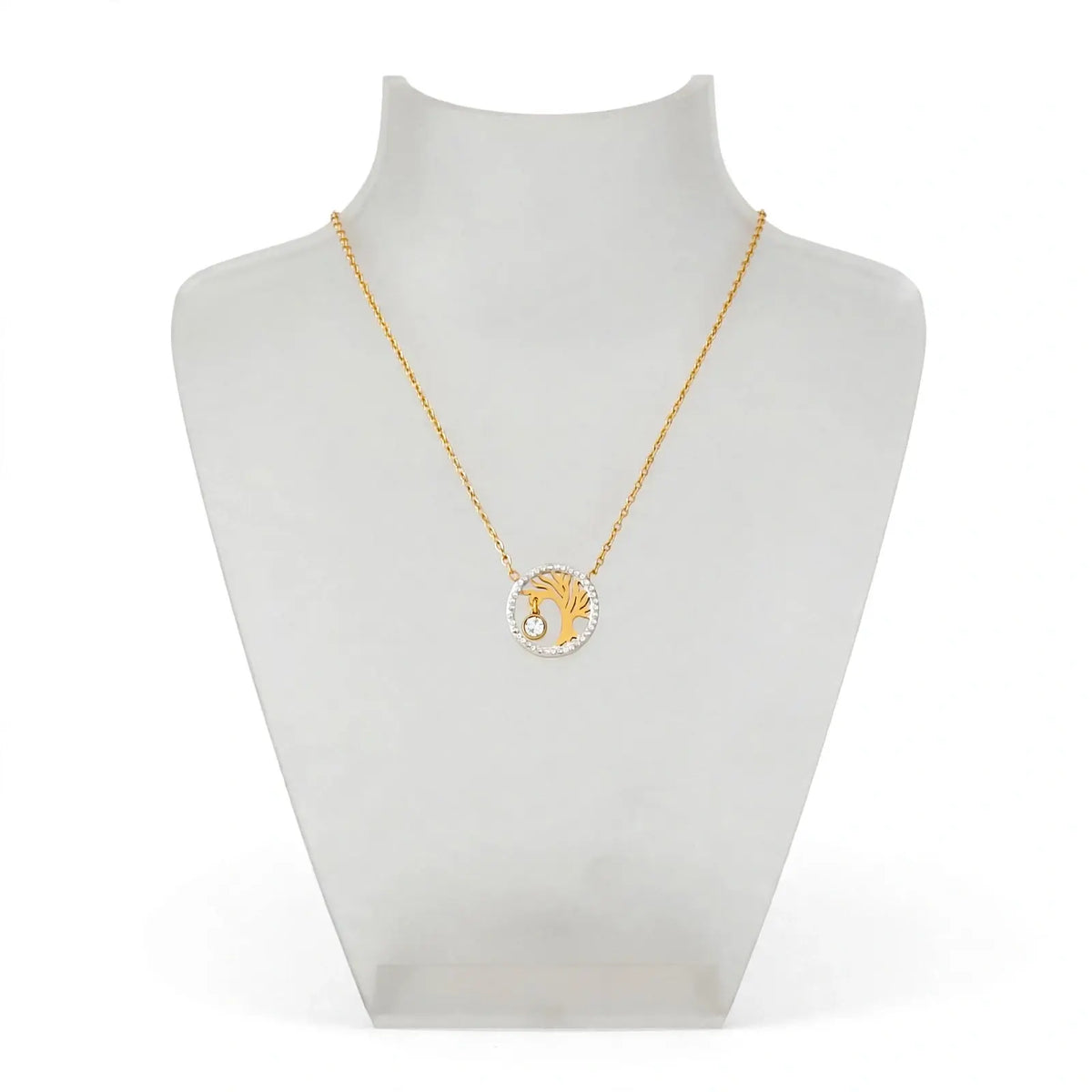 A gold chain necklace with a circular pendant displayed on a white jewelry bust. The pendant features a yellow-gold sun or tree design surrounded by small clear stones, with a white outer ring.