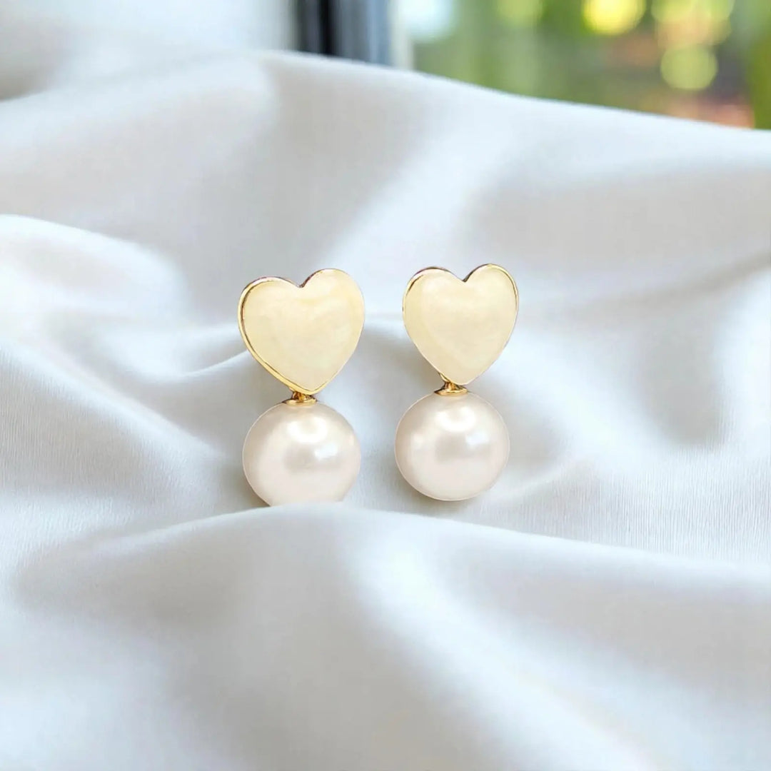 Blush Radiance | White Heart Pearl Drop Earrings