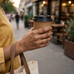 A person in a mustard yellow top holds a brown paper coffee cup with a black lid on a blurred city sidewalk. The person is wearing a gold ring and carrying a beige tote bag.