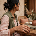 A woman in a cafe setting wearing a delicate silver ring with a small white flower detail on her finger, dressed in a green vest over a light pink blouse.