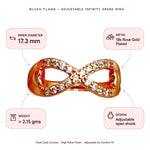 An infographic showing a rose gold infinity spark ring with clear pavé cubic zirconia stones, surrounded by five labeled callout boxes detailing its inner diameter (17.3 mm), metal (18k Rose Gold Plated), weight (approx.