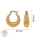 Gold hoop earrings shown on a white background with dimension labels: one earring is shown front-facing with a 22 mm width, and the other is shown side-facing with a 25 mm height. A small circular note indicates weight approximately 10.
