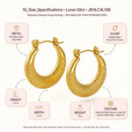 Gold crescent hoop earrings shown with informational callouts for size, metal, clasp, height, width, weight, and texture on a white background.