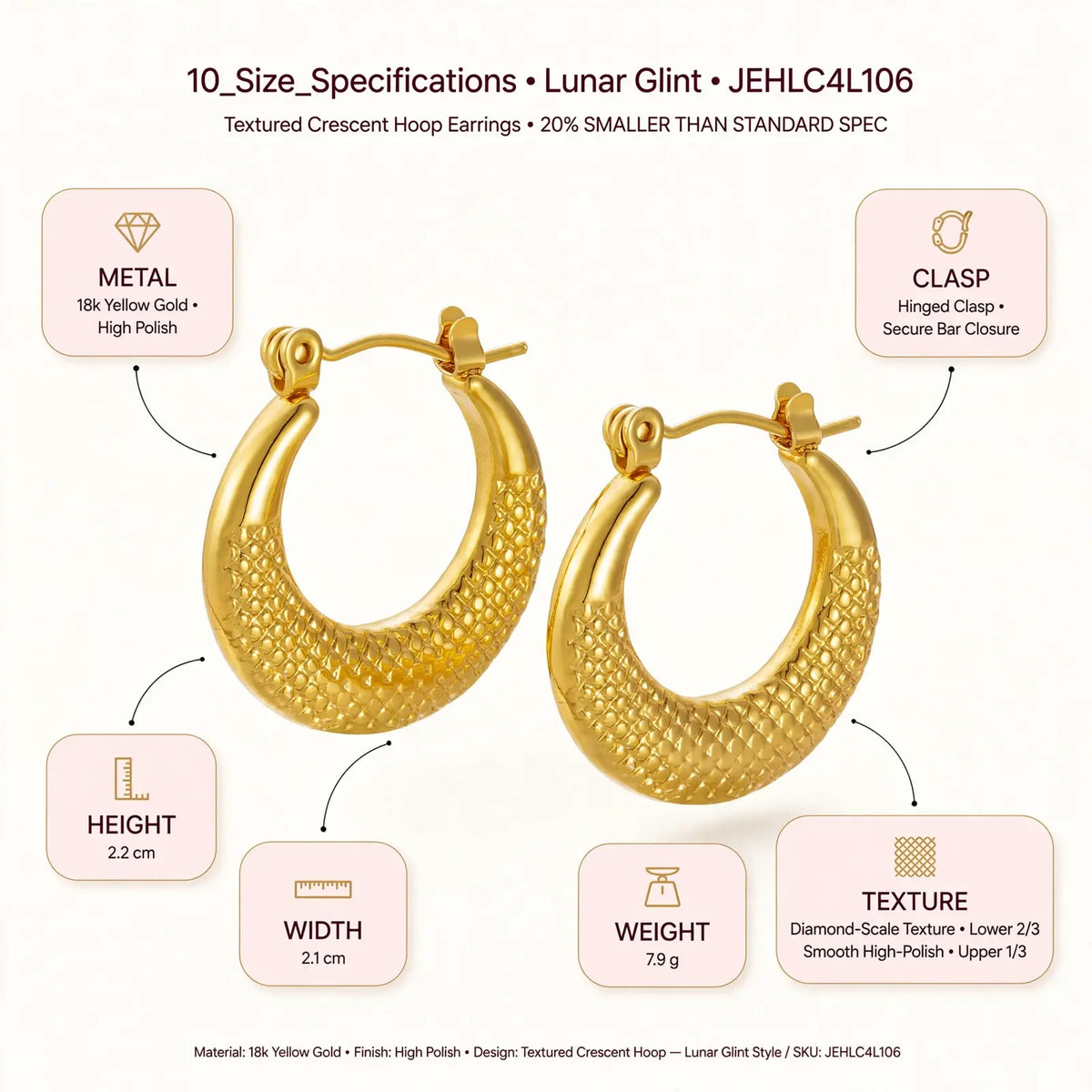 Gold crescent hoop earrings shown with informational callouts for size, metal, clasp, height, width, weight, and texture on a white background.