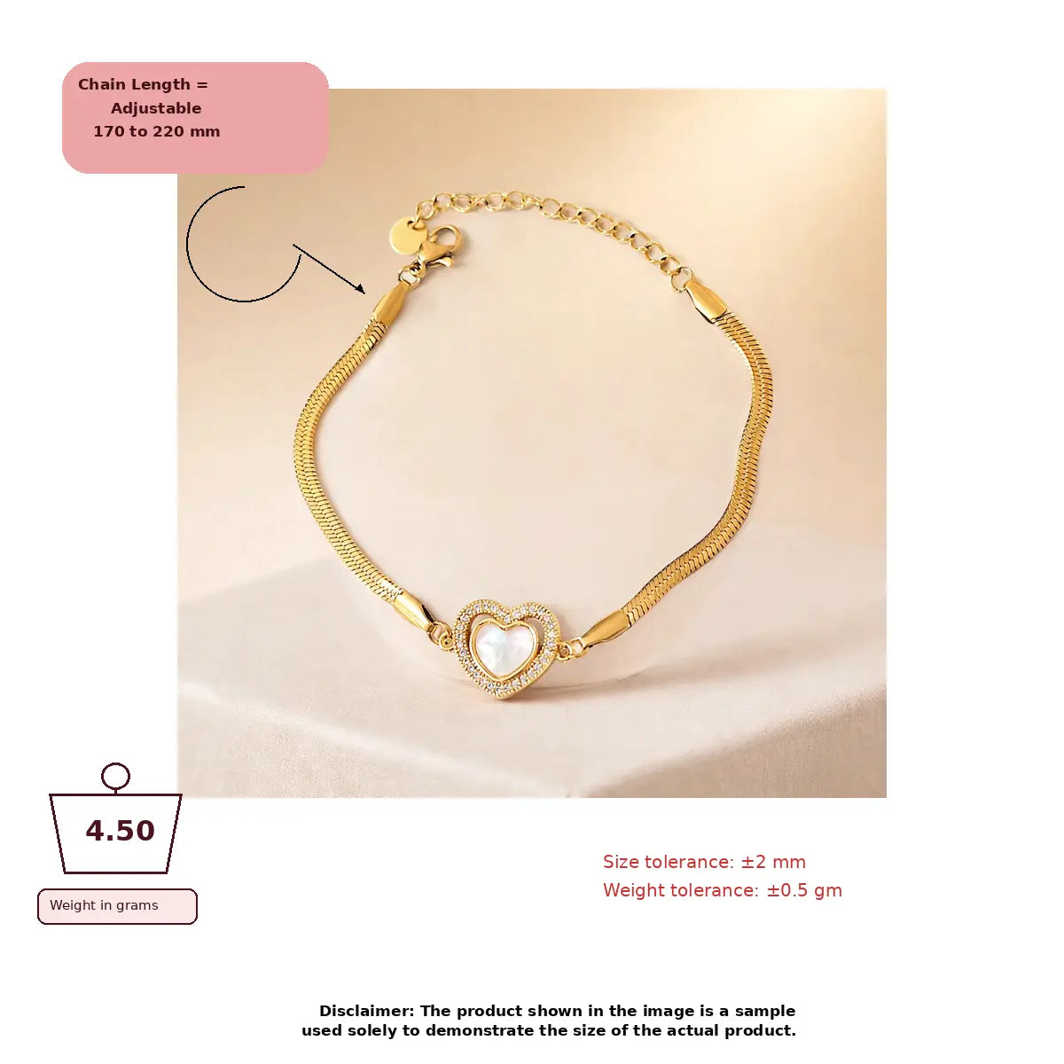 Gold adjustable chain bracelet with a heart-shaped mother-of-pearl centerpiece, shown on a beige background with size and weight information overlays.