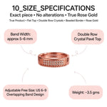 A rose gold ring with a double row of clear crystals and a beaded border, shown with informational callouts detailing its size specifications, band width, double row crystal pavé top, adjustable free size, and weight.
