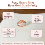 A rose gold infinity ring is centered on a white surface with informational callouts around it. The text at the top reads 'Rosy Grace Ring Rose Gold Dual Infinity' and lists size specifications including band width, design, adjustable free size, and weight.
