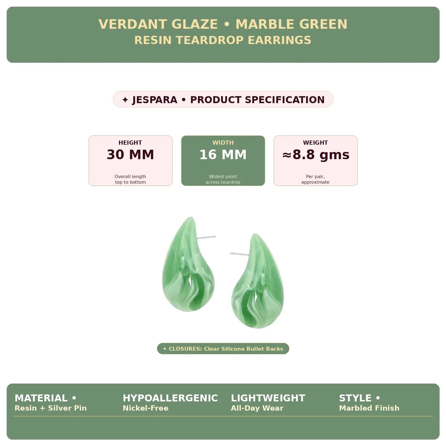 Verdant Glaze | Marble Green Resin Teardrop Earrings