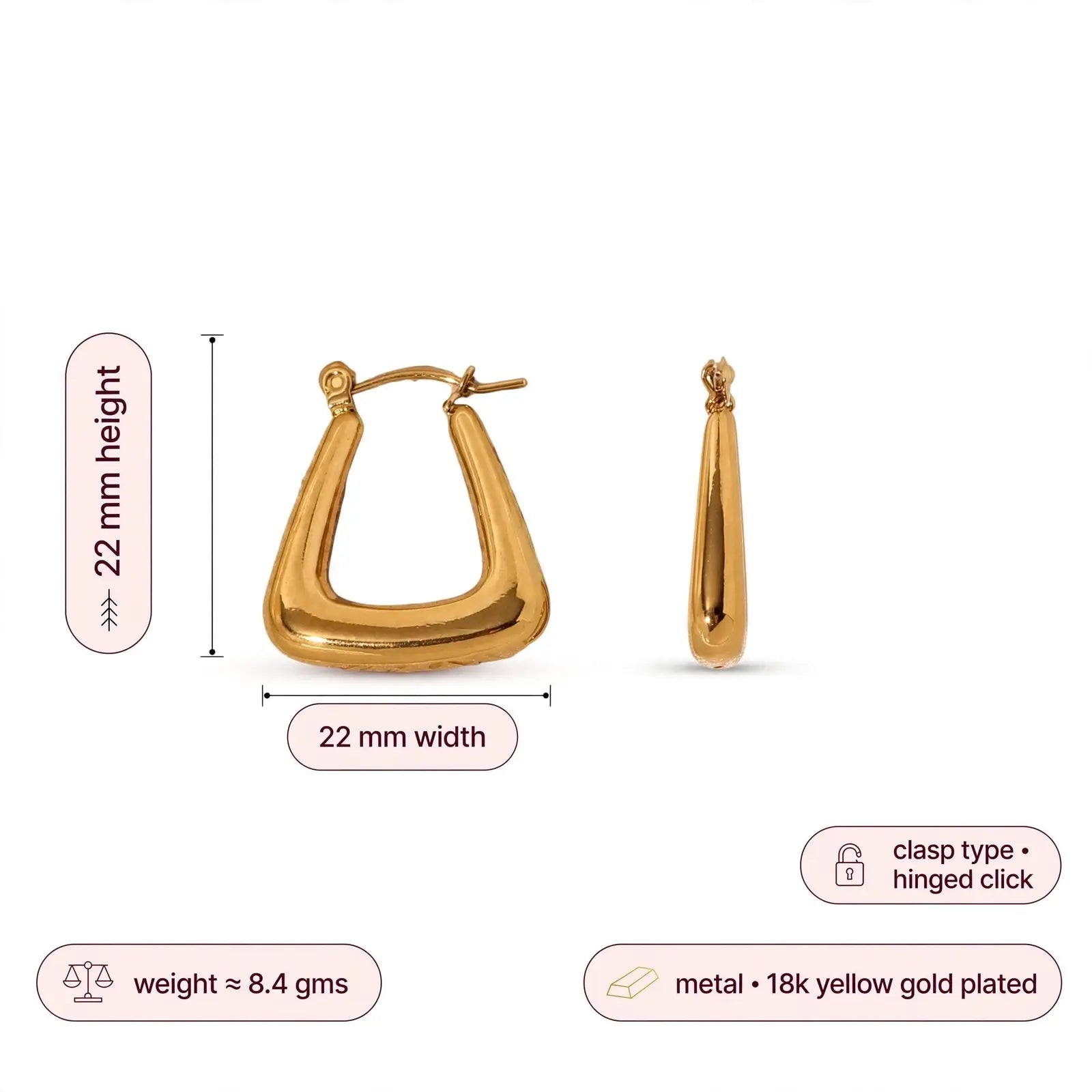 Gold-plated hinged hoop earring shown on a white background with dimension labels indicating 22 mm height and 22 mm width, plus small callouts for clasp type, weight, and metal finish.