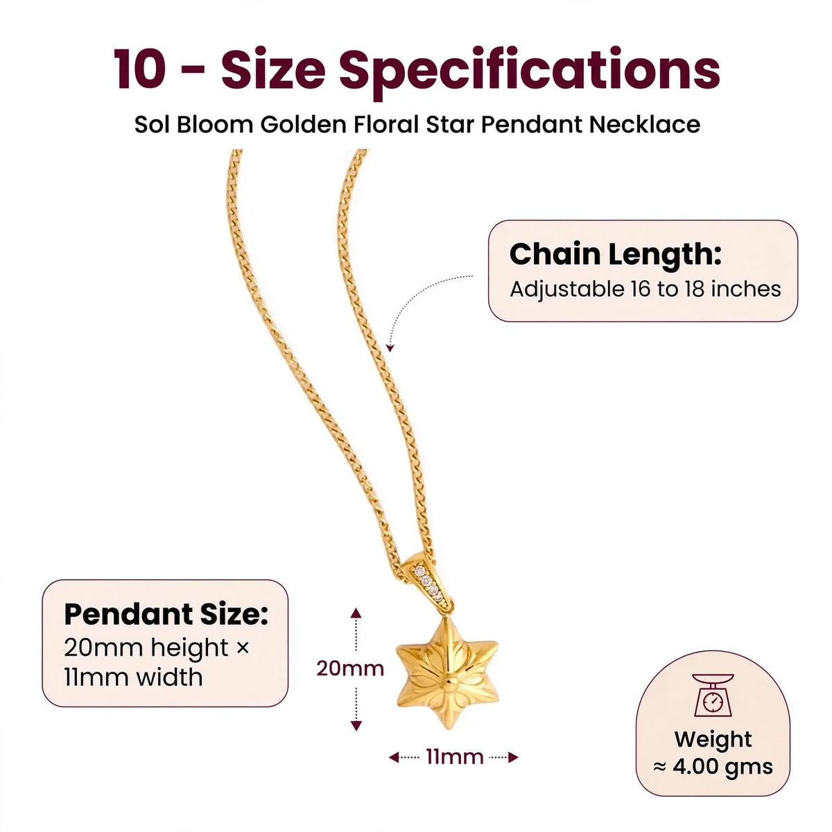 Size specifications diagram for the Sol Bloom Golden Floral Star Pendant Necklace, showing a gold necklace with a star-shaped pendant on a white background, with text detailing chain length, pendant size, and weight.