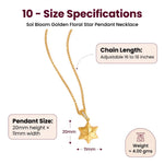Size specifications diagram for the Sol Bloom Golden Floral Star Pendant Necklace, showing a gold necklace with a star-shaped pendant on a white background, with text detailing chain length, pendant size, and weight.